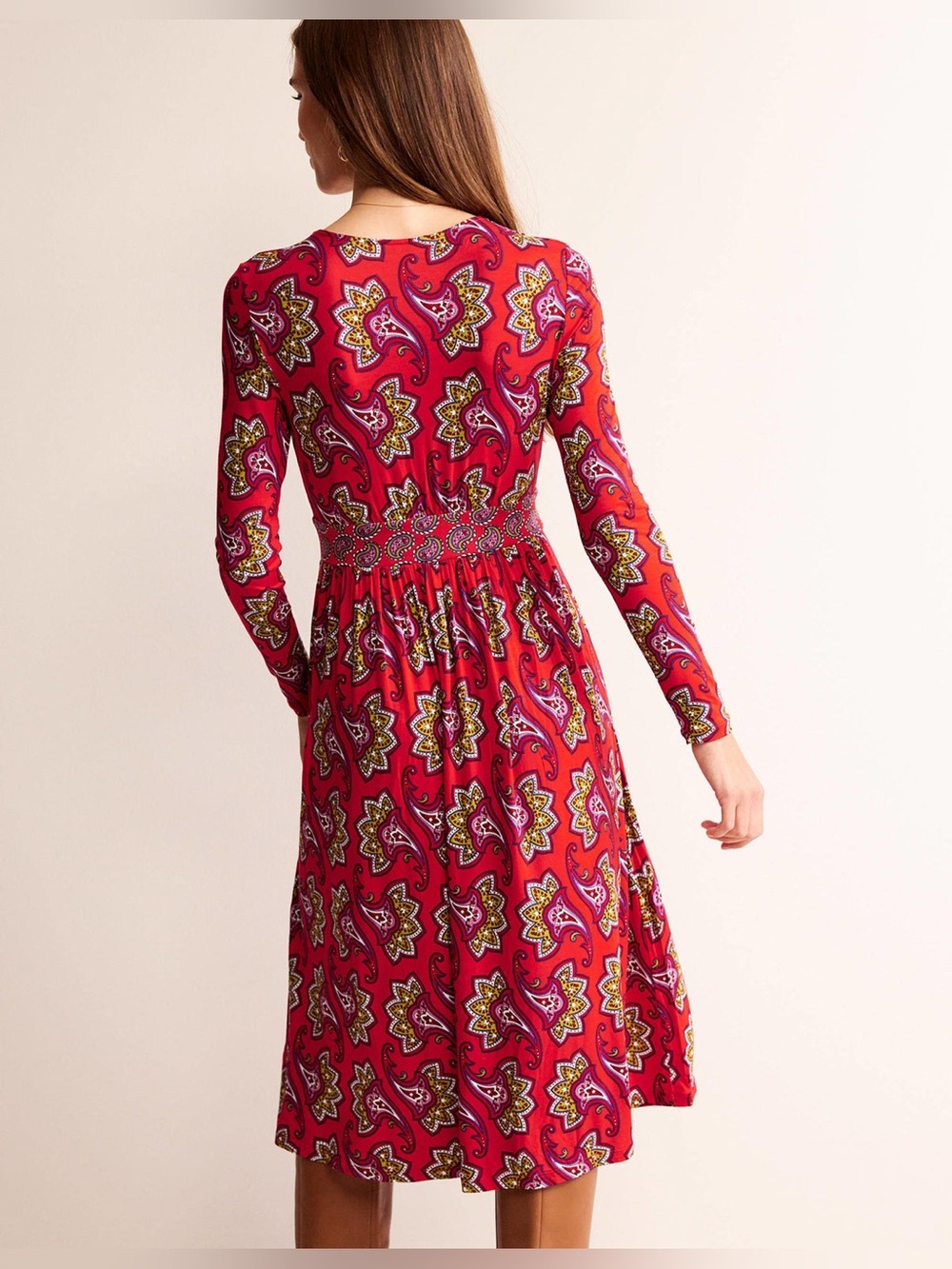 BODEN  $130 Thea Red Paisley Amaryllis Jersey Knit Midi Dress US 4R #120 - Picture 6 of 7